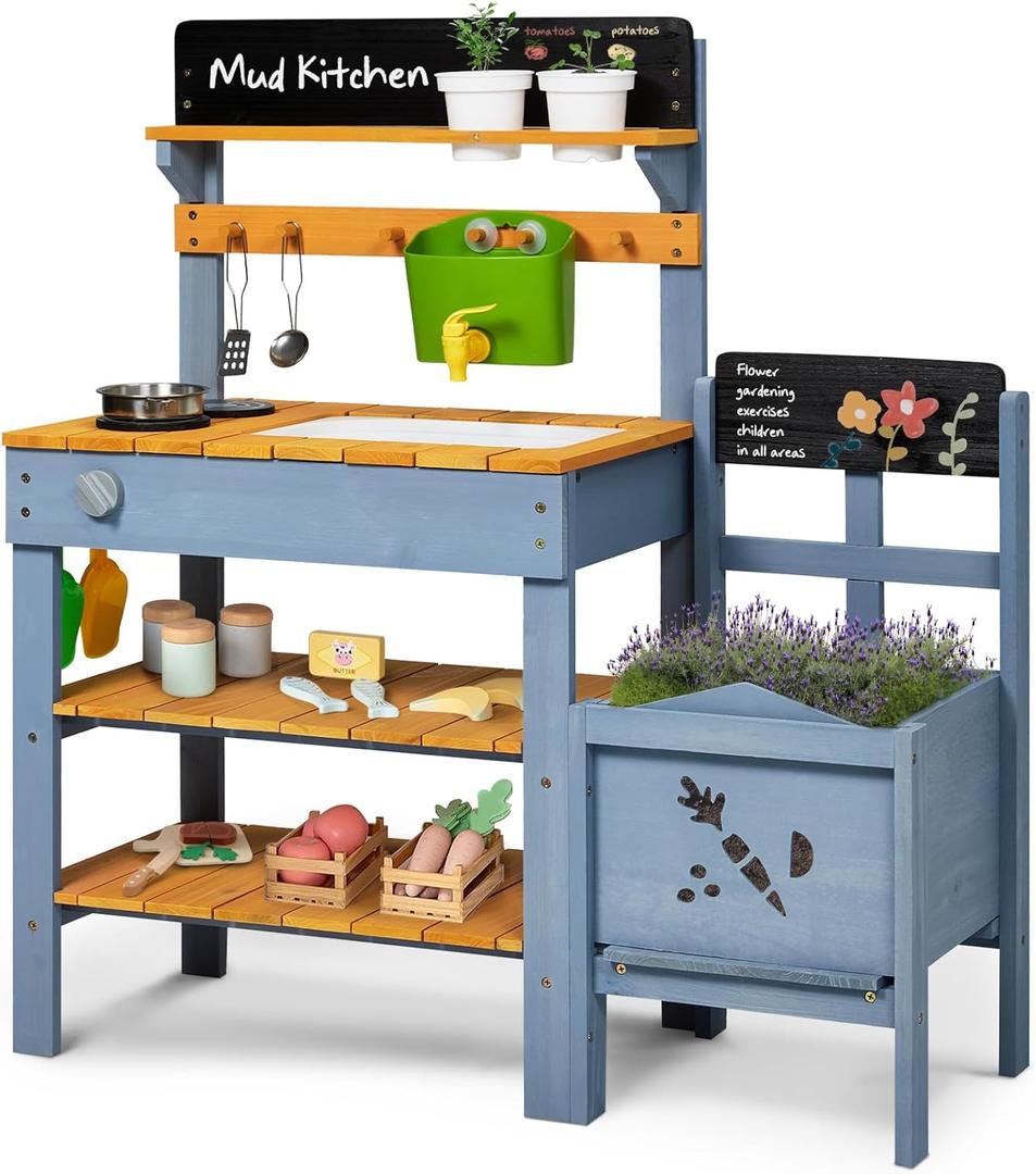 Frogprin Mud Kitchen for Kids, Outdoor Play Kitchen with Planter Box, mud Kitchen Accessories, Gardening Tool Toy Set, Removable Sink Faucet, Wooden Pretend Kitchen for Boys Girls 3+ Indoor