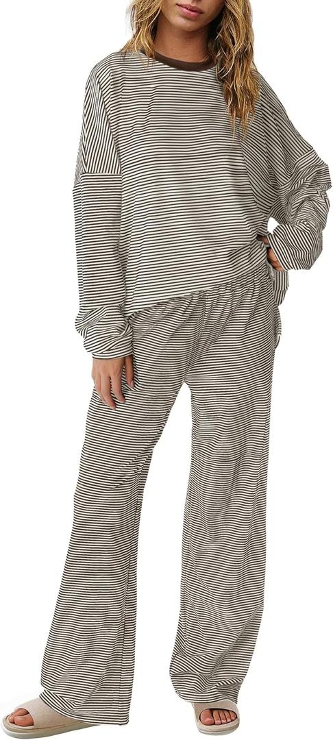 Panadila Womens 2 Piece Lounge Sets Striped Long Sleeve Pajama Set Oversized Tshirts Wide Leg Pant Loungewear (Small, Coffe Brown Combo)