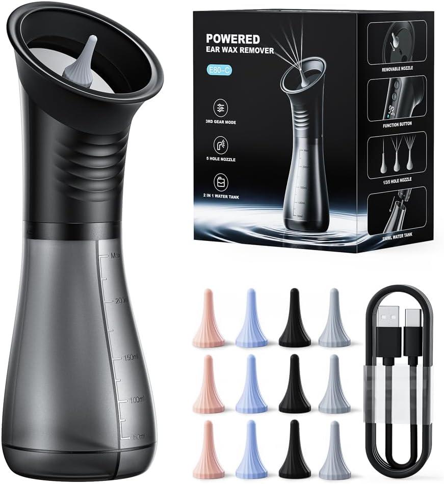Ear Wax Removal with LED Display, Temodu Electric Ear Cleaner, Rechargeable Earwax Remove Removal Ear Irrigation System, 3 Pressure Modes Ear Cleaning Earwax Removal (12 Disposable Tips)