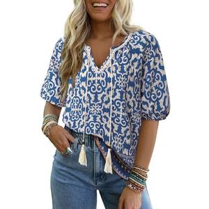 Vivilli Womens Summer Boho Tops Casual V Neck Short Sleeve Blouses Floral Print Shirt Tie Front Flowy Vacation Clothes
 Size M
