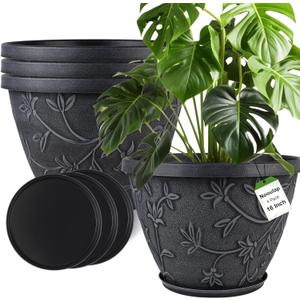 Nooulap 4 Pack 16 Inch Large Plant Pot for Outdoor, Plastic Flower Pot Indoor with Drainage Hole & Saucer, Modern Decorative Garden Pot, Imitation Magnolia Garden Pots for House PlantersGray