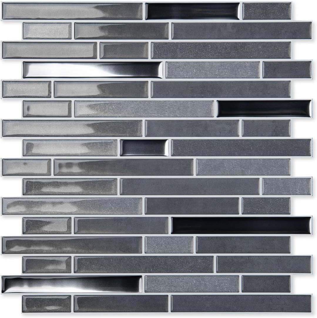 LONGKING 10-Sheet Extra Thick Peel and Stick Backsplash Tiles, Waterproof Kitchen Backsplash Peel and Stick Tile, Self-Adhesive Backsplash for Kitchen, Dark Gray