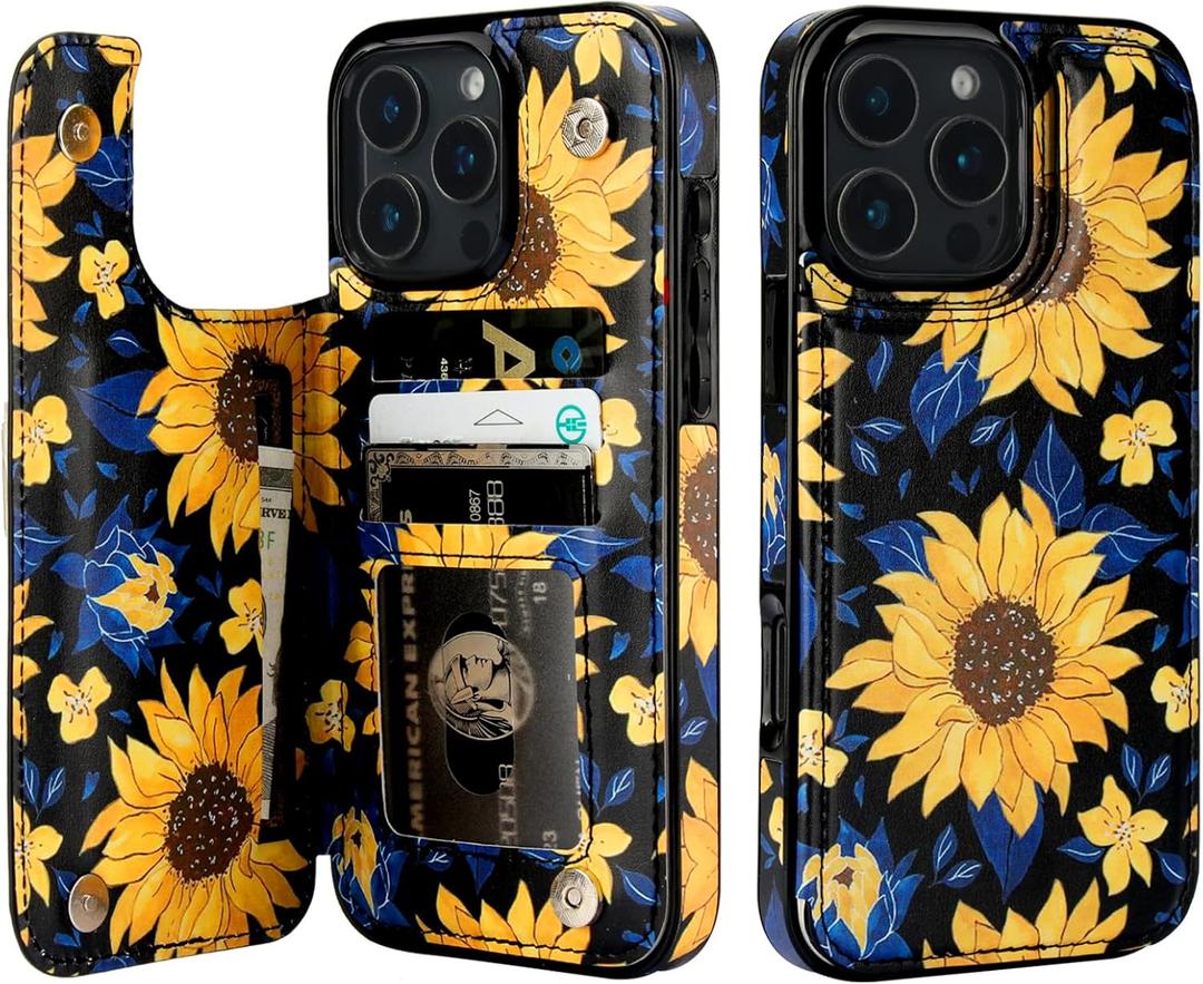 HAOPINSH for iPhone 16 Pro Max Wallet Case with Card Holder, Blooming Sunflowers Back Flip Folio PU Leather Kickstand Card Slots Case for Women Girls, Double Magnetic Clasp Shockproof Cover 6.9"