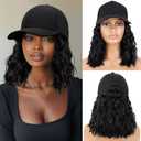 Hat Wig for Women Short Wave Baseball Cap with Curly Hair Extensions Synthetic Wave Adjustable Baseball Hat Wig (natural black#) (14 Inch)