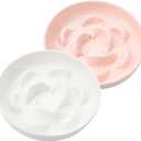 Cat Slow Feeder Bowl Set - 2-Pack Ceramic Cat Dishes for Slow Eating - Whisker-Friendly Cute Maze Bowls for Dry & Wet Food - Microwave & Dishwasher Safe - White and Pink