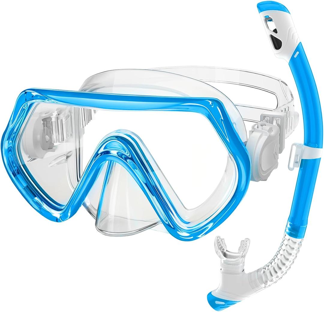 2 Sets Kids Snorkeling Gear for Ages 3-14, Anti-Fog 180 Clear View Dry Top Snorkel Set, Swimming Mask with Nose Cover & Tempered Glass Goggles for Youth Boys Girls Junior (Small-Medium, Blue)