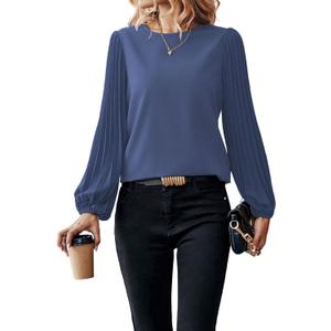 Samefar Womens Pleated Lantern Sleeve Lace Tops Dressy Casual Crewneck Fall Loose Fit Business Work Chiffon Blouses (Large, Blue)