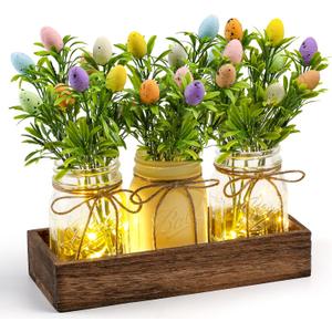 Easter Centerpiece Table Decorations for Table Runner Farmhouse Coffee Table Decor with Wood Tray and Led Light Table Centerpieces for Dining Room Kitchen Living