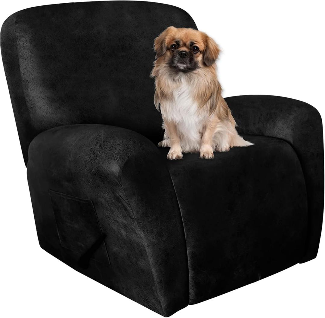 Leather Like Recliner Chair Covers Heavy Duty, 4 Pieces Lazy Boy Recliner Cover for Recliner Chair, Leather Cover for Recliner slipcovers Washable for Pets (Black) (1 Seater)