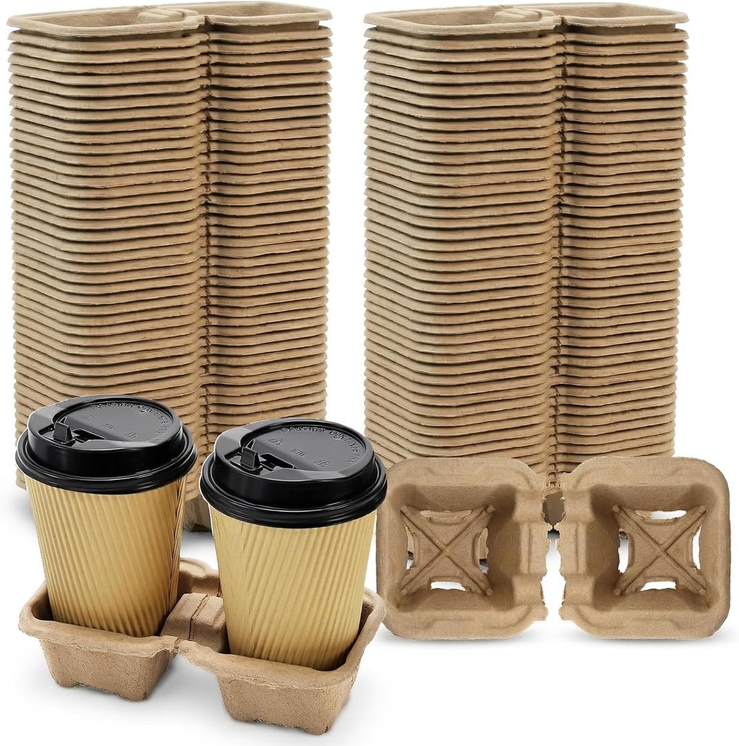 ZOOFOX 100 Pack Disposable Drink Carriers, 2-Cup Perforated Pulp Fiber Cup Holder for Hot and Cold Drinks, to Go Coffee Trays for Car Food Delivery, Restaurants, Cafes and Coffee Shops