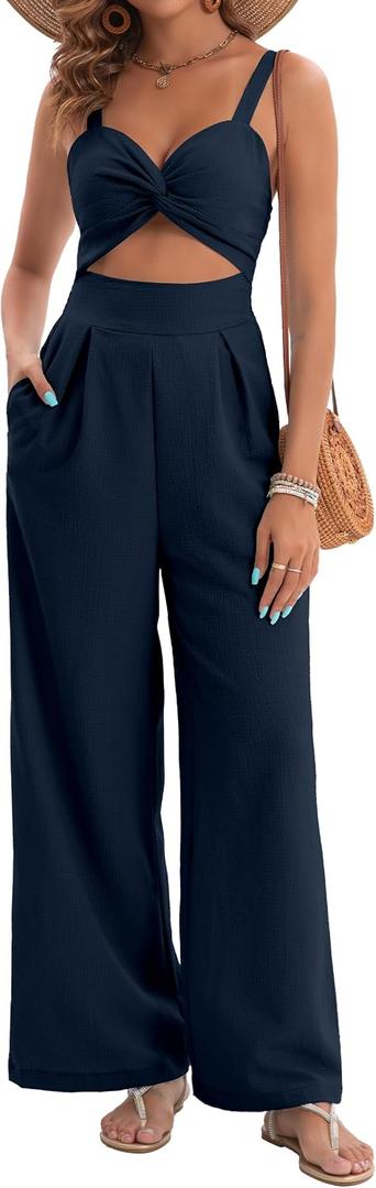 AGERWAY Womens Summer Jumpsuits Dressy Sexy V Neck Twist One Piece Outfits Sleeveless Casual Wide Leg Long Pant Rompers (S)