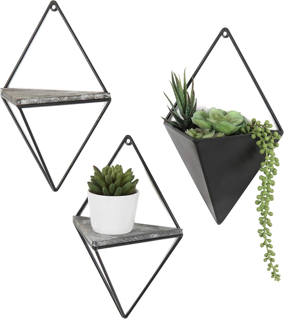MyGift Indoor Wall Planter and Wooden Wall Display Shelves with Black Metal Frames Metal, 3Piece Set