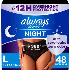 Always Discreet Adult Incontinence Overnight Underwear for Women, Large, Up to 100% Bladder Leak Protection, 48 Count (3 Packs of 16)