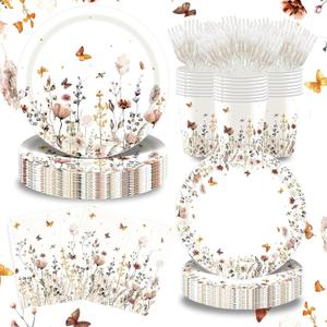 Autumn Boho Wildflower Paper Plates, Fall Floral Dinner Plates 9" Dessert Plates 7" Cups Napkins Forks Tableware Serve 24 Guests - Vintage Flower Baby Shower Birthday Wedding Party Supplies