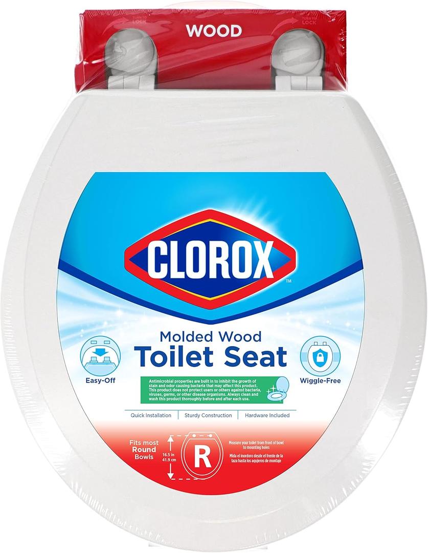 Clorox Round Wood Toilet Seat with Easy-Off Hinges-Wiggle Free Design 16.54 x 16.5 x 0.99 inches