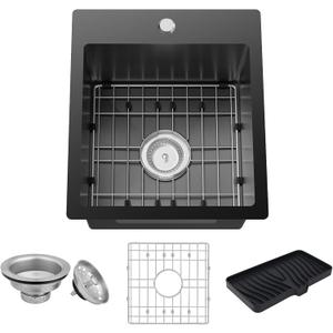 Black Kitchen Sink,15x17 Inch Bar Sink Stainless Steel Drop In Small Kitchen Sink Ideal Choice For Small Spaces Topmount Sink With Bottom Grid,Soap Mat And Drain Assembly Serve Both Kitchen And Bar