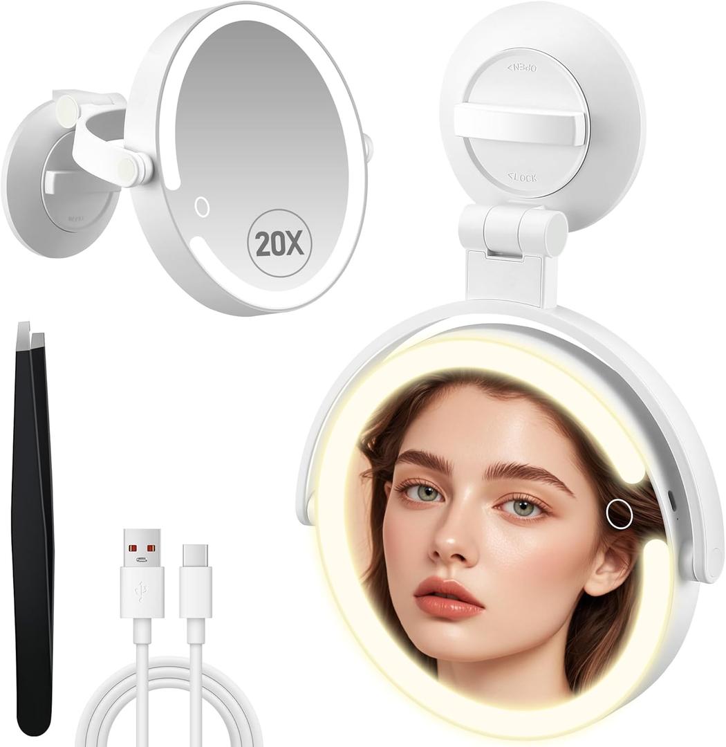 Magnifying Mirror with Light 20X, LED Bathroom Mirror with 3 Lighting Modes, Rotation Wall Mounted Makeup Mirror, Rechargeable Mirror with Lights and Suction Cup, for Home, Bathroom, Travel