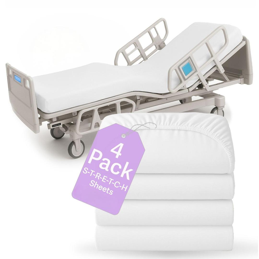 BLISSFORD - 4 Pack Fitted Hospital Bed Sheets with Elastic All Around for a Cotton Rich Soft Knitted Jersey Sheet, 36” x 84” x 12”