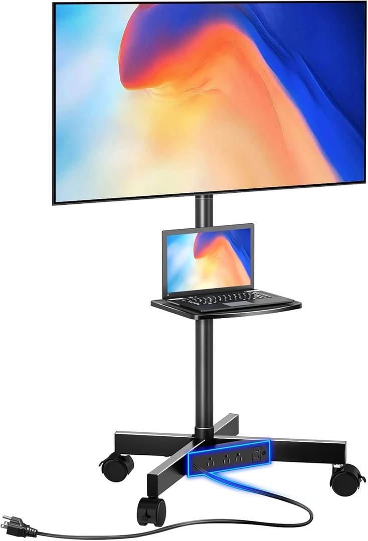 GREENSTELL TV Stand with Power Outlet, Mobile TV Cart on Wheels for 23-60 inch LED LCD Flat Curved Panel Screen TVs, up to 88 lbs, Height Adjustable Rolling TV Stand with AV Shelf, Max VESA 400x400mm