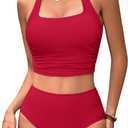 BMJL Womens High Waisted Bikini Sets Halter Two Piece Swimsuits Sporty Ribbed Tummy Control Bathing Suit (Red, XL)