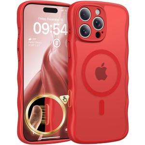 TAURI Magnetic for iPhone 16 Pro Max Case, Cute Wavy Design [Full Camera Protection] [Compatible with Magsafe] Anti-Slip Translucent Matte Case for iPhone 16 Pro Max for Women Girls, Bright Red