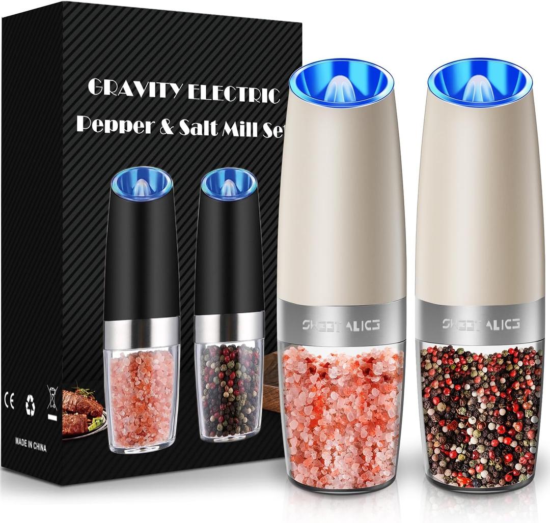 Sweet Alice Gravity Electric Pepper and Salt Grinder Set, Adjustable Coarseness, Battery Powered with LED Light, One Hand Automatic Operation, Khaki, 2 Pack (2.5*2.5*7.9inch)
