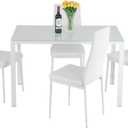 FDW | 5-Piece Dining Table Set | White | Glass Kitchen Table with 4 Upholstered Chairs and Faux Leather Cushions | Space-Saving and Modern Design | for Dining Room, Easy to Assemble