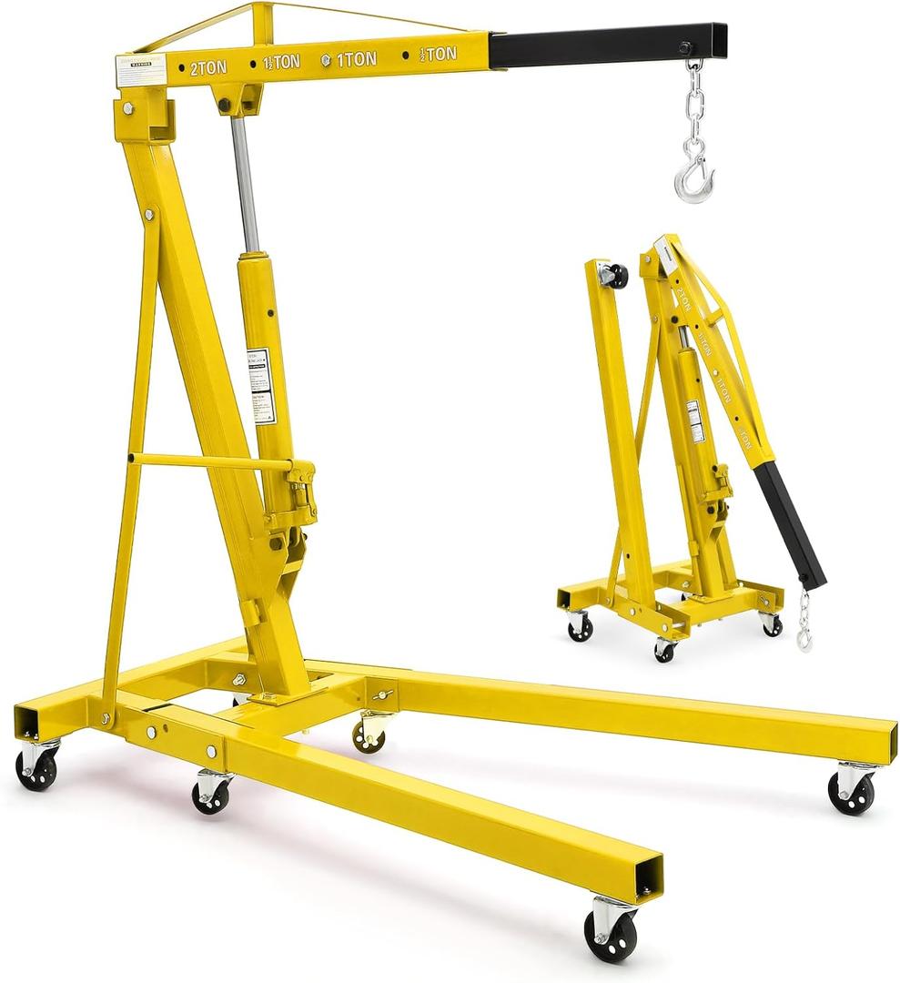 2-Ton Folding Engine Hoist Cherry Picker 4400 Lb Capacity Hydraulic Shop Crane with Telescoping Boom 6 Caster Wheels for Automotive Repair Garage Use Includes Hitch and Storage Stand Yellow