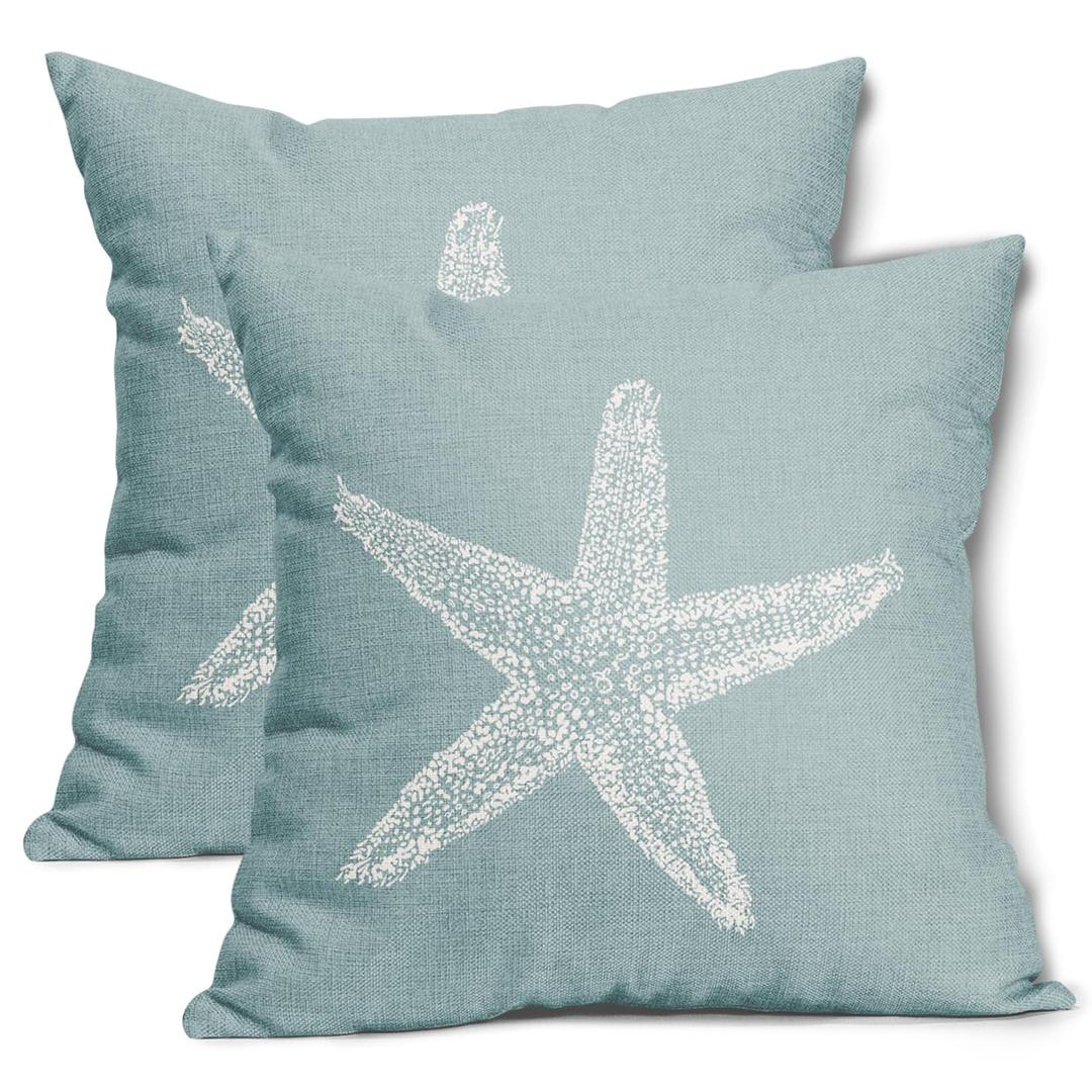 Seafoam Blue Starfish Pillow Covers 18x18 Inch Set of 2 Nautical Coastal Beach Themed Cotton Linen Decorative Throw Pillow Case Summer Outdoor Cushion Covers for Bedroom Sofa Living Room Chair Decor