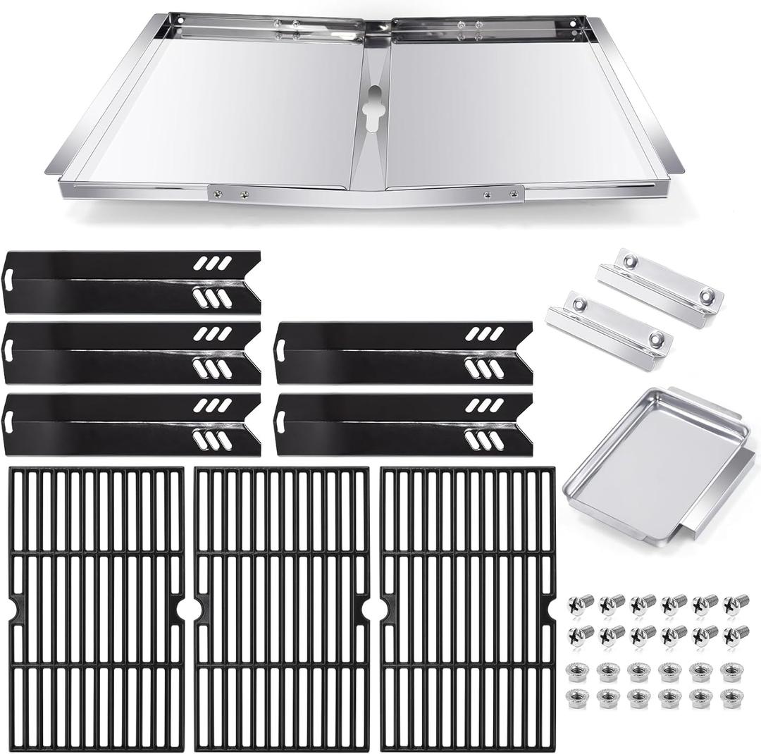 Grill Grease Tray Replacement Parts for Dyna Glo DGF510SBP, DGF510SSP, Backyard Grill BY13-101-001-13, GBC1460W and BHG Grill Parts, Adjustable 24''-30'' Grill Drip Pan, Cooking Grates, Heat Plates. (5Pcs Heat Plate Grill Grates(PS))