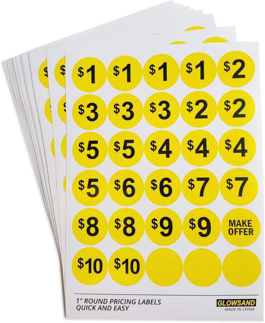 Garage Sale Stickers, Yard Sale Labels, Pre-Printed Price Stickers, Bright Yellow, 1 Inch