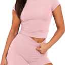 SAMPEEL Womens Two Piece Lounge Sets Casual Summer Outfits 2 Piece Short Matching Clothing Set (Large, Pink)