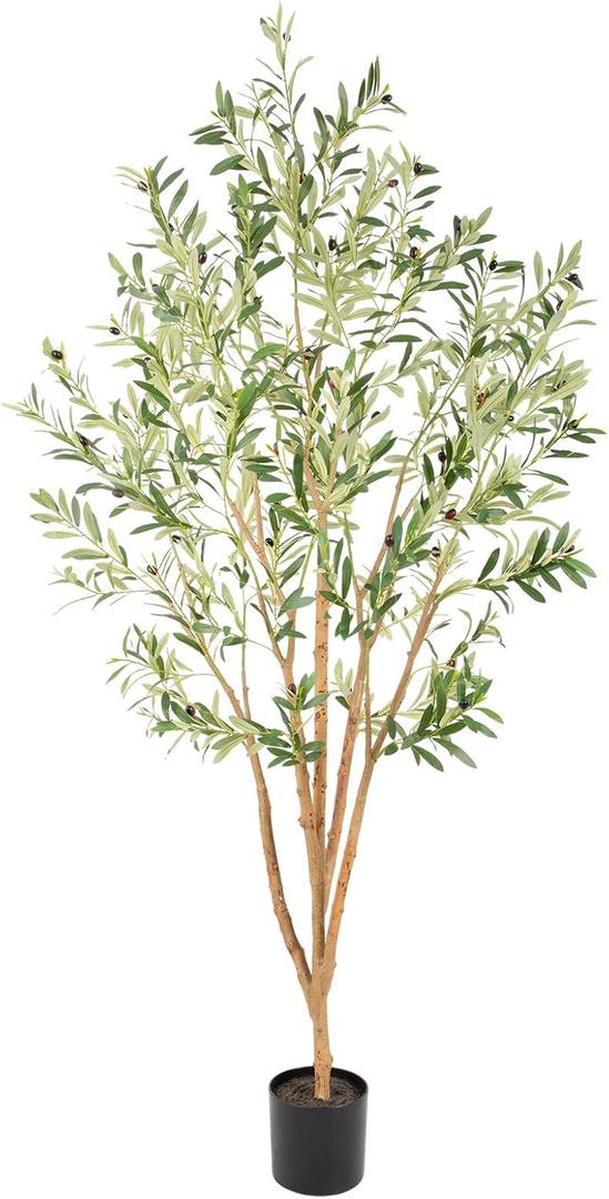 7ft Super Fuller Faux Olive Tree with Multiple Real Wood Trunks, 84in Olive Trees Artificial Indoor with Realistic Fruits & Leaves, Fake Olive Tree for Indoor & Outdoor Home Office Dcor (Basic Pot)