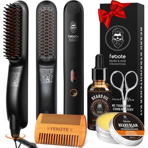Beard Straightener Kit w/Beard Straightener, Beard Balm, Beard Growth Oil, Beard Styling Comb & Scissors, Upgraded 5-in-1 Beard Straightening, Unique Stocking Stuffer Gifts for Friend, Father & Him
