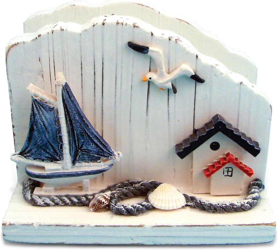 CoTa Global Wooden Napkin Holder - Nautical Themed with Sailboat and Seagull Decor, Perfect Indoor or Outdoor, Cute Ocean Vibe for Restaurant or Kitchen Table