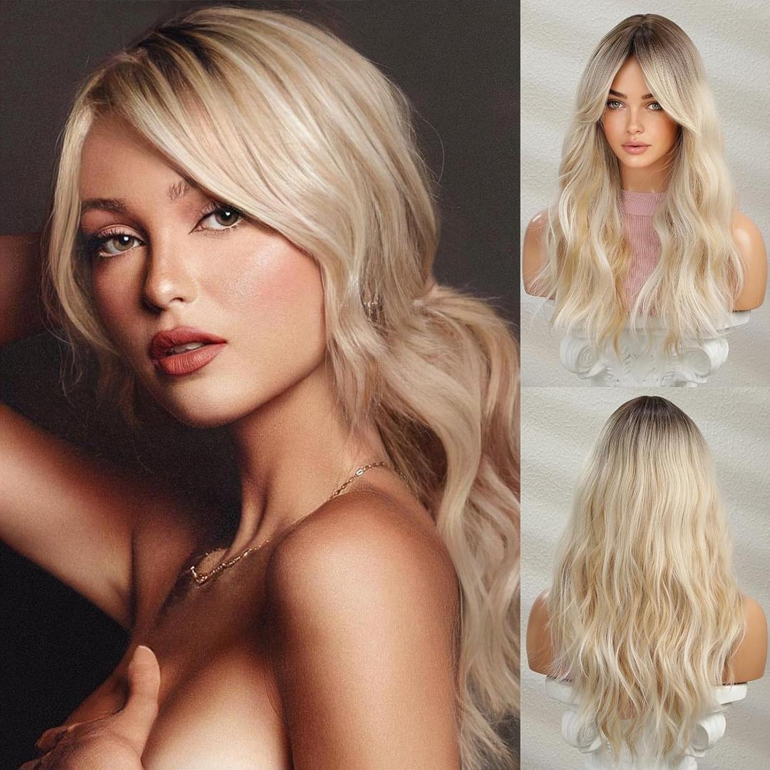 Honygebia Wavy Blonde Wig with Bangs - Ombre Curtain Bang Wigs for Women, Long Wave Ash Blond Dark Roots Hair, Synthetic Heat Resistant Natural Cute Wig for Halloween/Christmas/Cosplay/Costume/Party