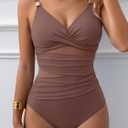 Women's Mesh One Piece Swimsuits Tummy Control V Neck Bathing Suit Sexy Push Up Swim Suit Slimming Swimwear (Brown, XL)