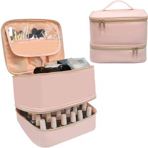 Nail Polish Organizer Case, Double-Layer Nail Supplies Organizer Holds 30 Bottles & Nail Lamp, Professional Nail Kit Storage Makeup Carrying Case (Pink)