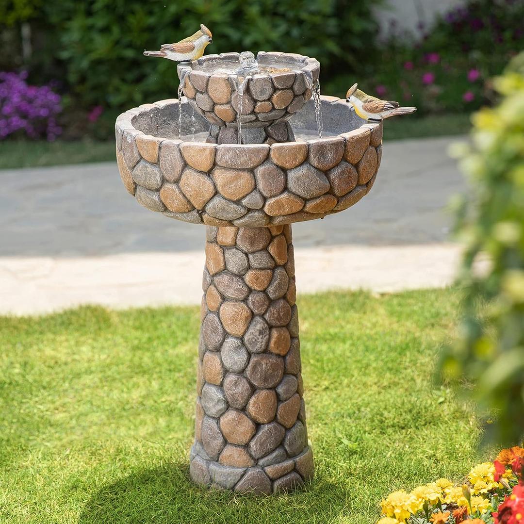 Glitzhome 2-Tier Stone Like Outdoor Water Fountain with Birds, Bird Bath Outdoor Waterfall Fountain Decor, Freestanding Water Fountains with Pump for Garden Yard Patio Porch, 24.41H