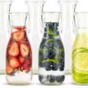 Glass Carafe Pitchers, by Kook, Mini Carafes- set of 5, Beverage Dispensers, Clear Jugs For Mimosas, Water, Milk and Juice, with Plastic Lids, Dishwasher Safe
