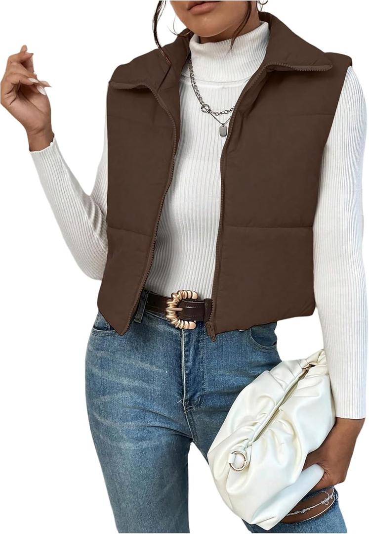 Milumia Women's Zip Up Cropped Puffer Vest Sleeveless Collared Padded Coats Fall Outerwear (M)