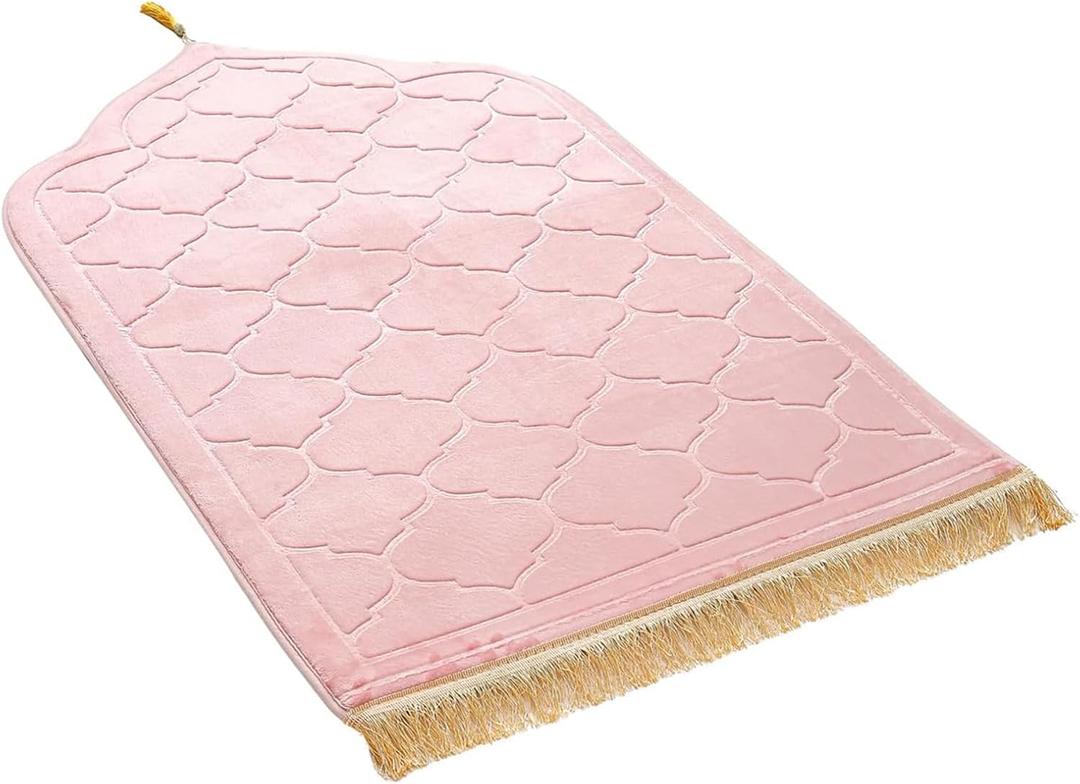 Extra Thick Padded Islamic Prayer Mat for Muslim, Soft Pink Non-Slip Praying Mat & Portable Travel Prayer Rug, Elegant Gift for Eid Ramadan Hajj, with Tassels