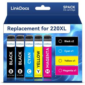 LinkDocs Remanufactured Ink Cartridge Replacement for 220XL T220XL to use with WF-2760 WF-2750 WF-2630 WF-2650 WF-2660 XP-320 (5 Pack, 2 Black, 1 Cyan, 1 Magenta, 1 Yellow)