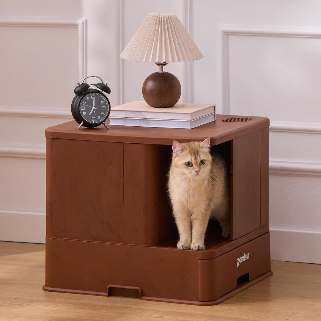 Extra Large Cat Litter Box with Drawer, Hidden Litter Box Enclosure Litter Trap Corridor, Lid Top Covered Litter Pan with Carbon Filter, Odor Control, Leakproof and Easy to Clean, Large Space 21.6"L x 19.7"W x 18.9"H
