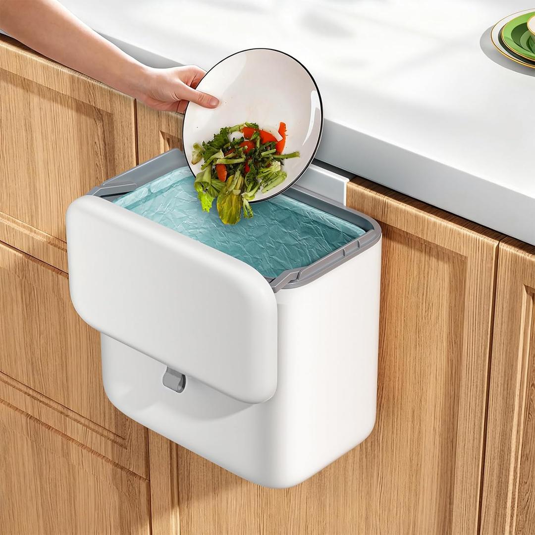 Compost Bin Kitchen for Countertop or Under Sink, 2.6 Gallon Hanging Small Trash Can with Lid, Garbage Can for Cabinet Door, Indoor/outdoor Food Waste Bin for Kitchen, Bathroom, RV, Office, White