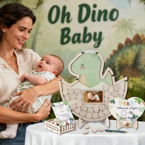 66pcs Dinosaur Baby Shower Guest Book Alternative Wooden Sign in Dinosaur with Sonogram Photo Frame Hatching Soon Dino Baby Shower 1st Birthday Party Decorations Dinosaur Guestbook Pregancy Keepsake