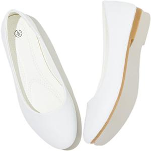 MEFOUND Women's Ballet Flats Shoes Comfortable PU Leather Dress Slip on Shoes Teacher Business Casual (White Embroidery.US7.5)