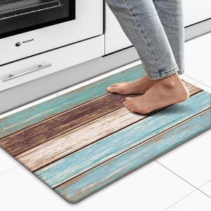 MAYHMYO Kitchen Rug and Mat Teal Farmhouse Anti Fatigue Mat PVC Non Slip Retro Rustic Wood Texture Kitchen Mat for Floor, Bathroom, Desk, Runner, Laundry,17.3 x 29 x 0.4 inch