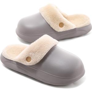 Women's Waterproof Slippers for Outdoor, Non-Slip Fuzzy Fleece Lined Winter Garden Clogs, Indoor Outdoor Comfortable Warm House Shoes (9.5 Wide, Light Grey)