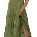 Gacaky Summer Dress for Women Casual Floral Embroidered Bohemian Dress Adjustable Straps Bib Maxi Flowy Dresses with Pockets, Green, M 